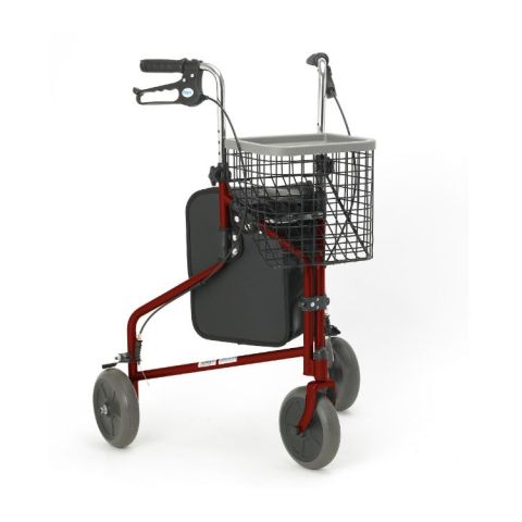 Days Three Wheeled Rollator Walker with Bag & Basket Front View in Ruby Red Colour