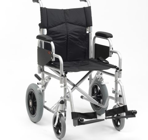 Enigma Superior Steel Transit Wheelchair shown in silver