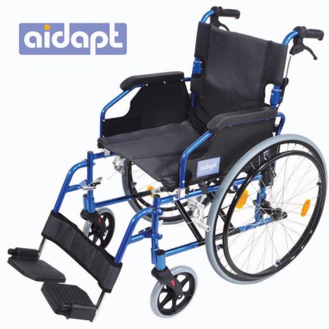 Aidapt Deluxe Lightweight Self Propelled Aluminium Wheelchair in blue, with foldable frame, quick-release wheels, padded seat, flip-back armrests, and removable footrests