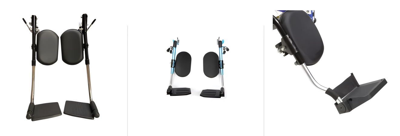 Three views of wheelchair elevating leg rests, showing padded calf supports, adjustable metal frames, and footplates designed for comfort and support.