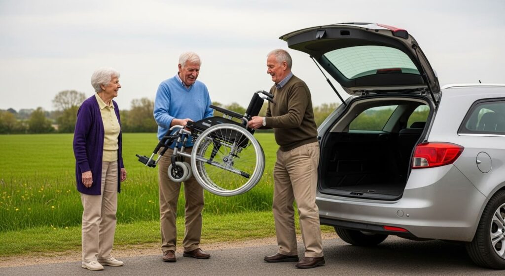 Elderly British couple demonstrating easy car boot transfer of lightweight wheelchair, showing reduced caregiver strain and improved mobility independence