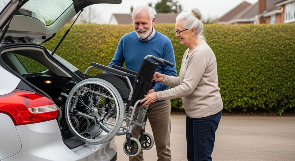 British couple loading lightweight manual wheelchair into car boot - wheelchair transport UK