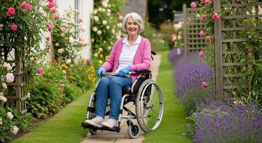 Elderly British woman using lightweight self-propelled wheelchair in Surrey garden - manual wheelchair independence UK