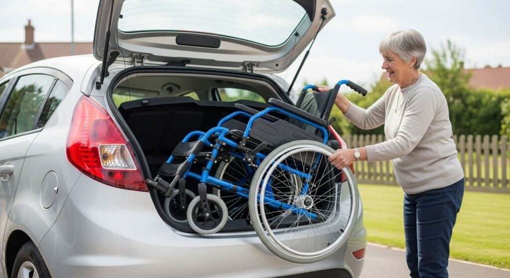 Lightweight folding wheelchair being placed into a small car boot, ideal for travel.