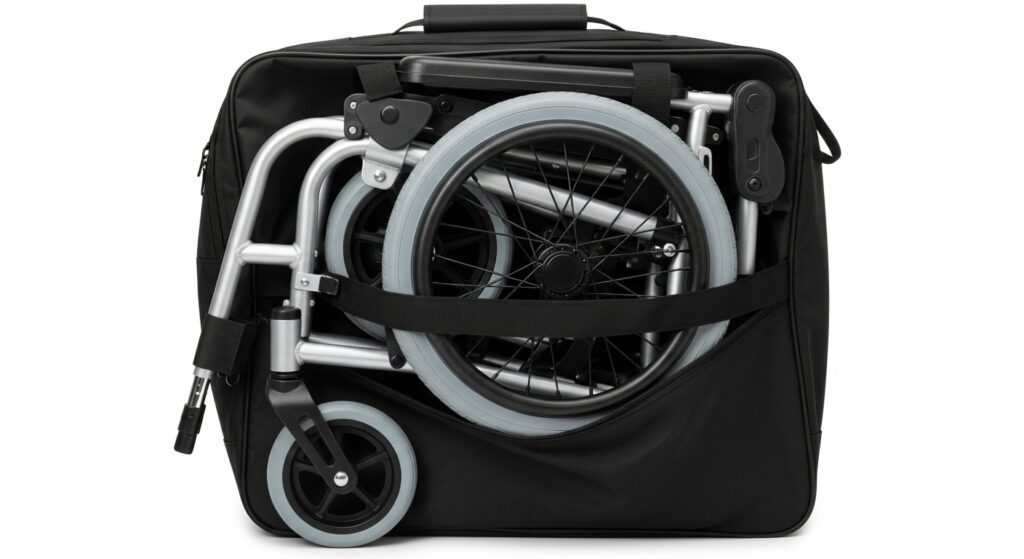 Folded manual wheelchair inside a compact carry bag, ideal for travel.