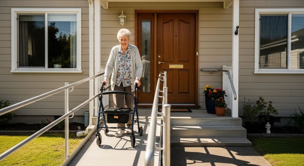 A person using a walker climbing a home ramp with grab rails for easy access.