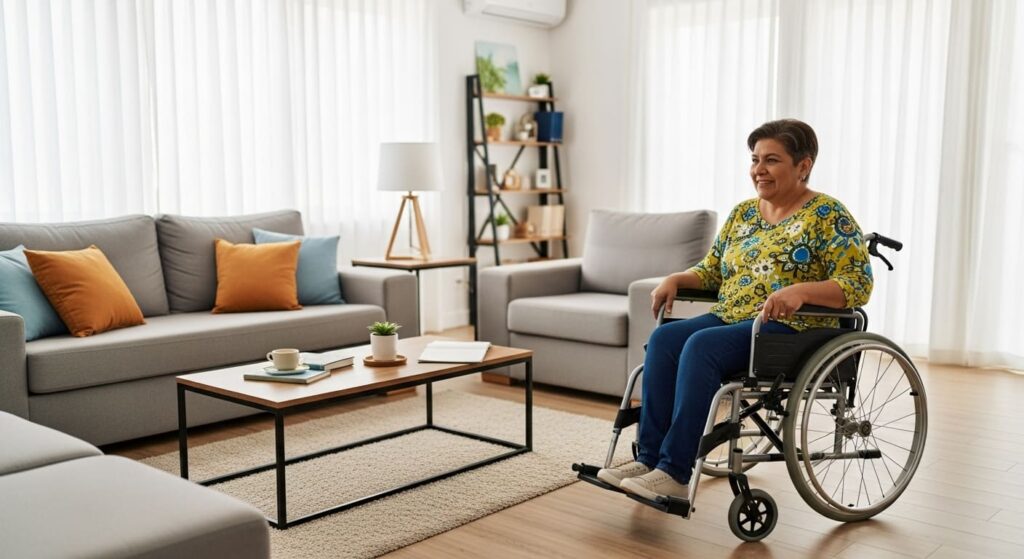 A smiling wheelchair user in a modern, accessible home with wide doorways and clutter-free layout.