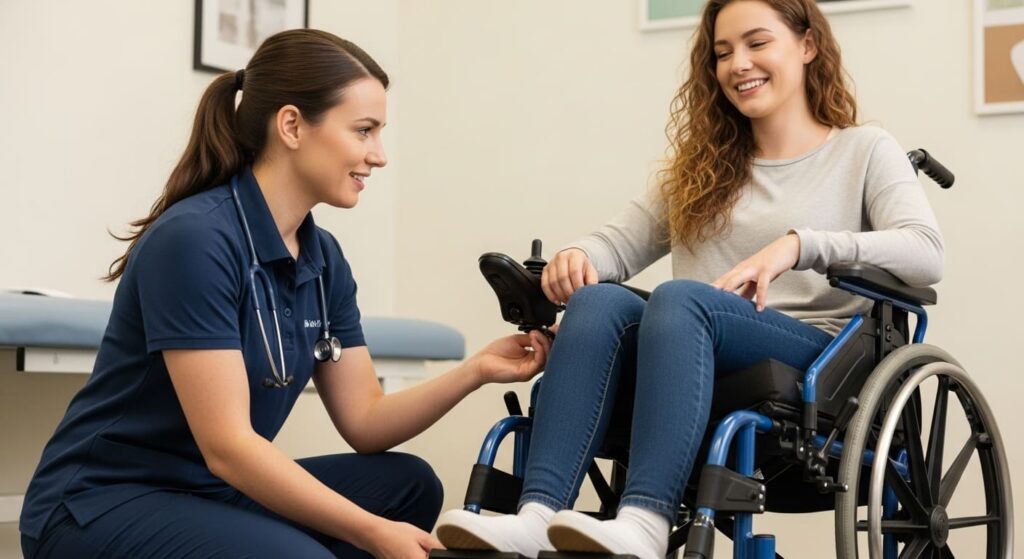 Occupational Therapist adjusting wheelchair footrest height during fitting.