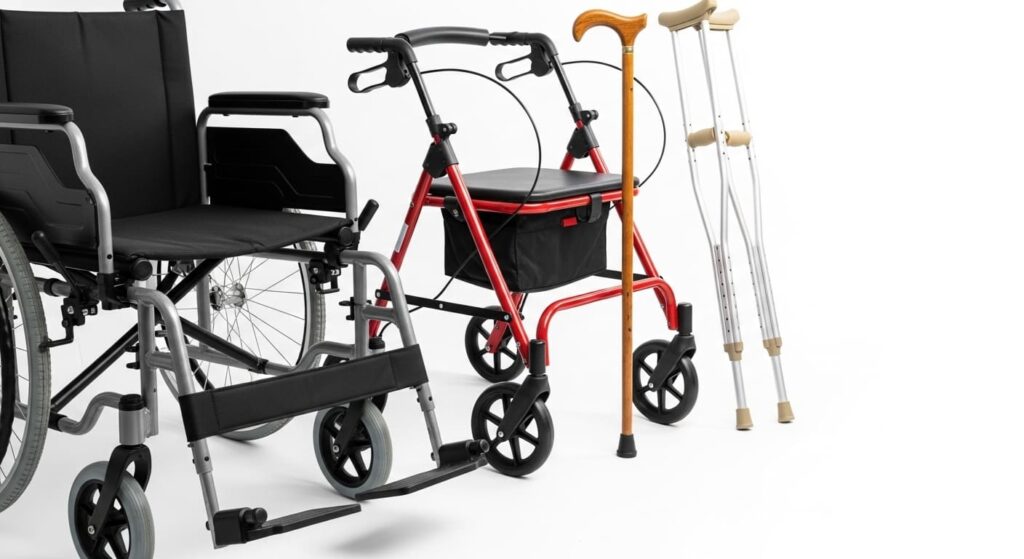 An assortment of mobility aids including a wheelchair, rollator, cane, and crutches.