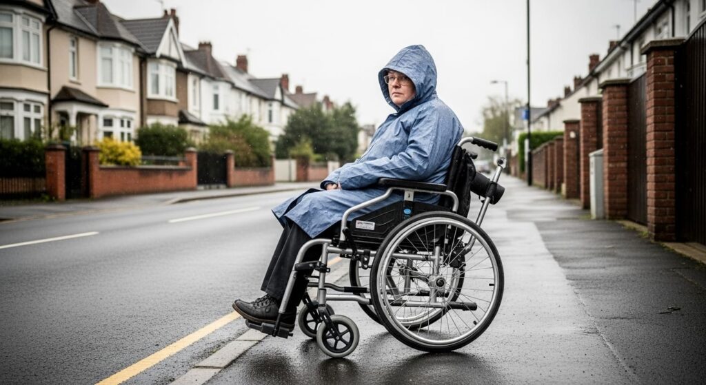 Weather-resistant lightweight wheelchair being used in typical British rain conditions, showing durability and climate-appropriate design features