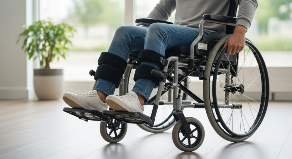 Wheelchair user demonstrating proper comfort and support with well-adjusted legrests for optimal leg positioning and circulation