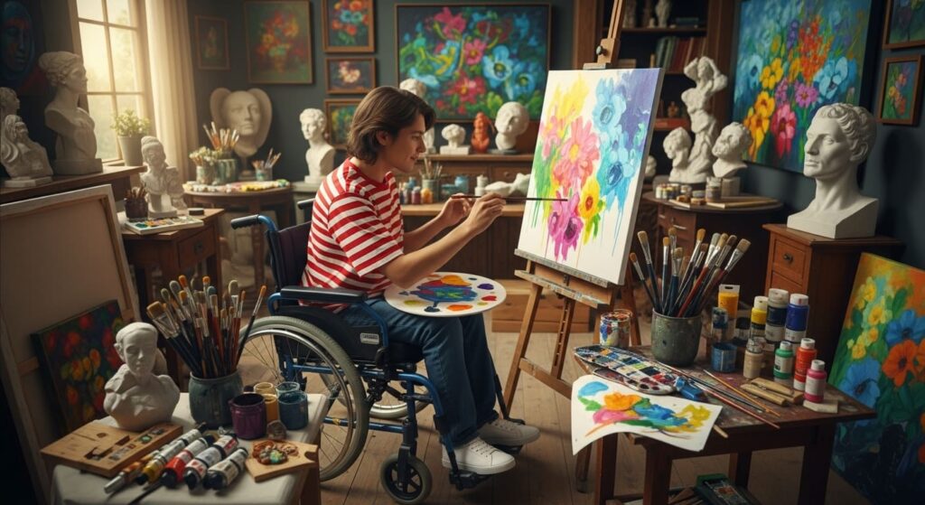 A wheelchair user painting with joy, surrounded by art tools and vibrant colours.