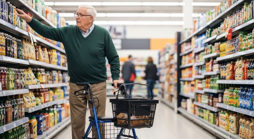Elderly man confidently shopping in supermarket using rollator walking aid demonstrating independence in daily activities