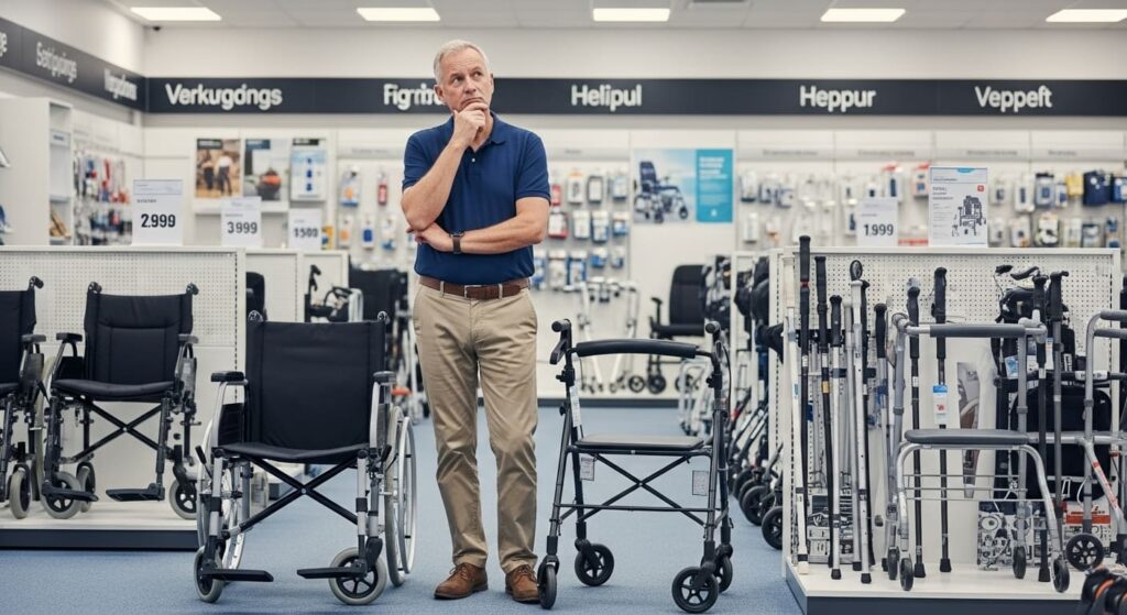 Man thoughtfully choosing between wheelchair and walking aids in modern mobility equipment store showroom