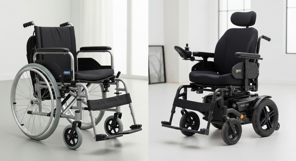 Side-by-side comparison of manual wheelchair and electric wheelchair showing key differences in design and features