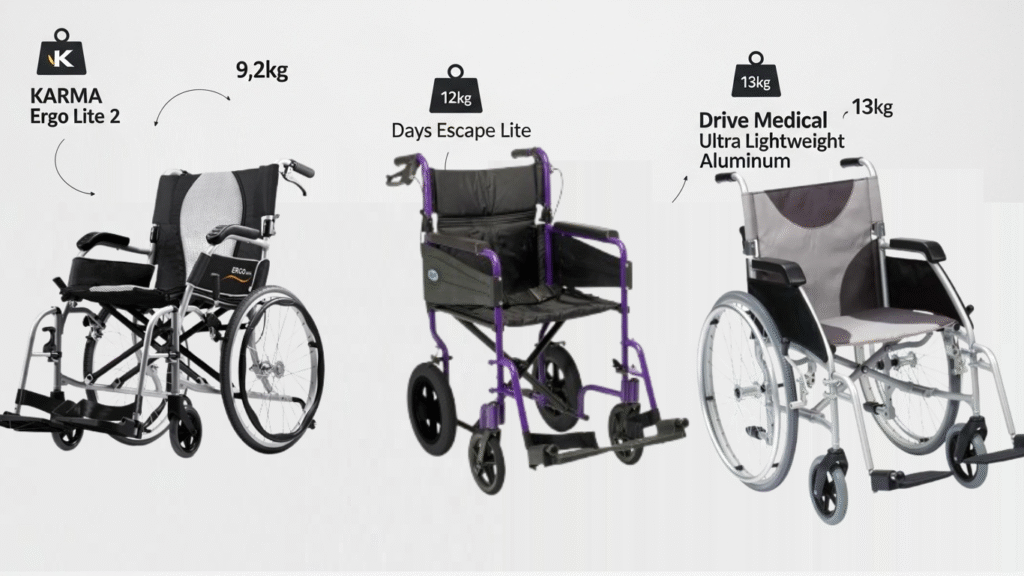 Top-rated lightweight wheelchairs available in UK market showing Karma Ergo Lite, Days Escape Lite, and Drive Medical ultra lightweight aluminium models